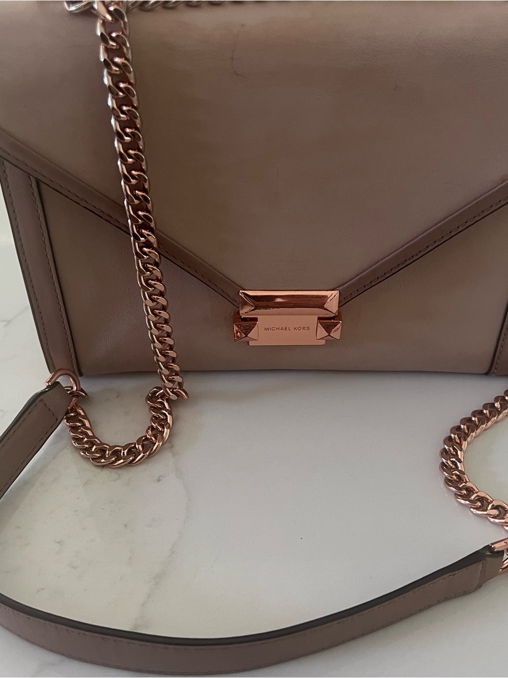 Michael Kors Taupe Leather Crossbody with Rose Gold Chain